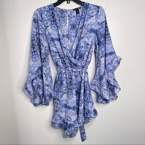 Aqua Romper Womens Size Small Blue Paisley Print Bell Sleeves Prairie Tie Waist